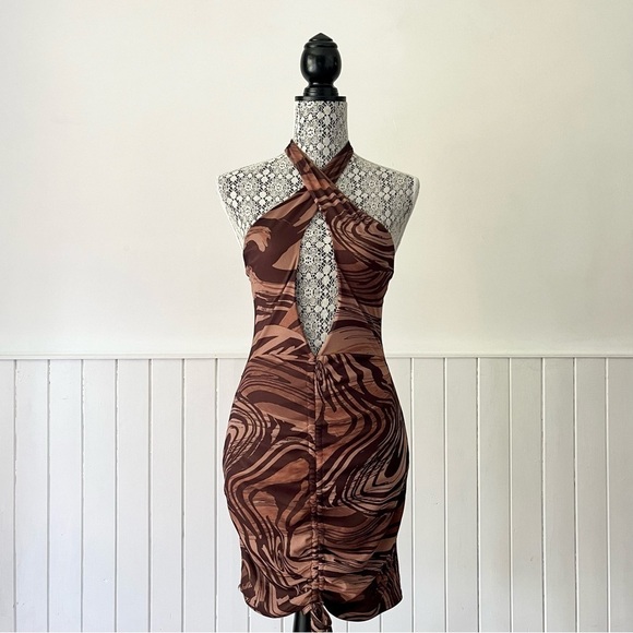 PrettyLittleThing Shape Marble Print Mesh Plunge Ruched Bodycon Dress Size 4 - Picture 2 of 15